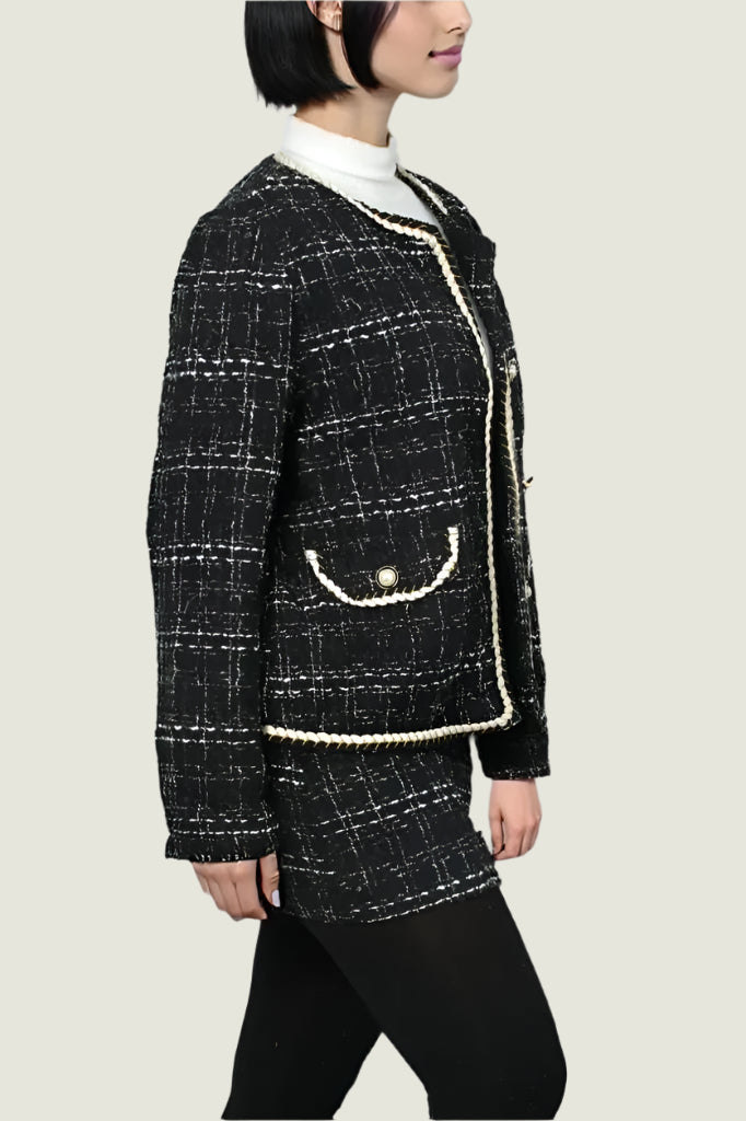 Elegant Pearl Trim Tweed Skirt Suit Set – 2-Piece Jacket and Skirt