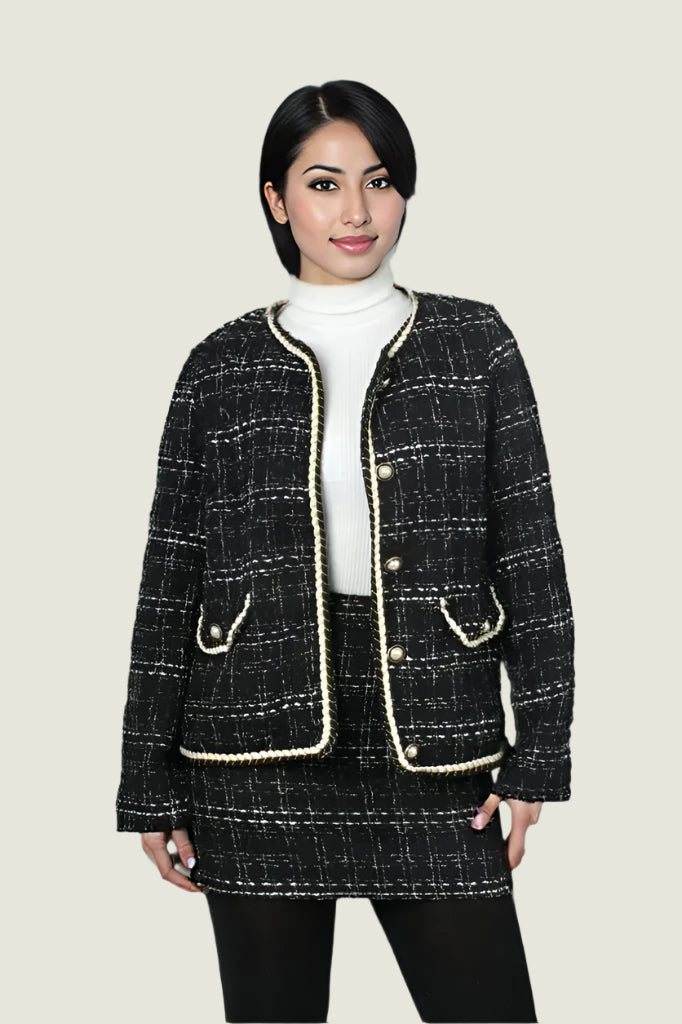 Elegant Pearl Trim Tweed Skirt Suit Set – 2-Piece Jacket and Skirt