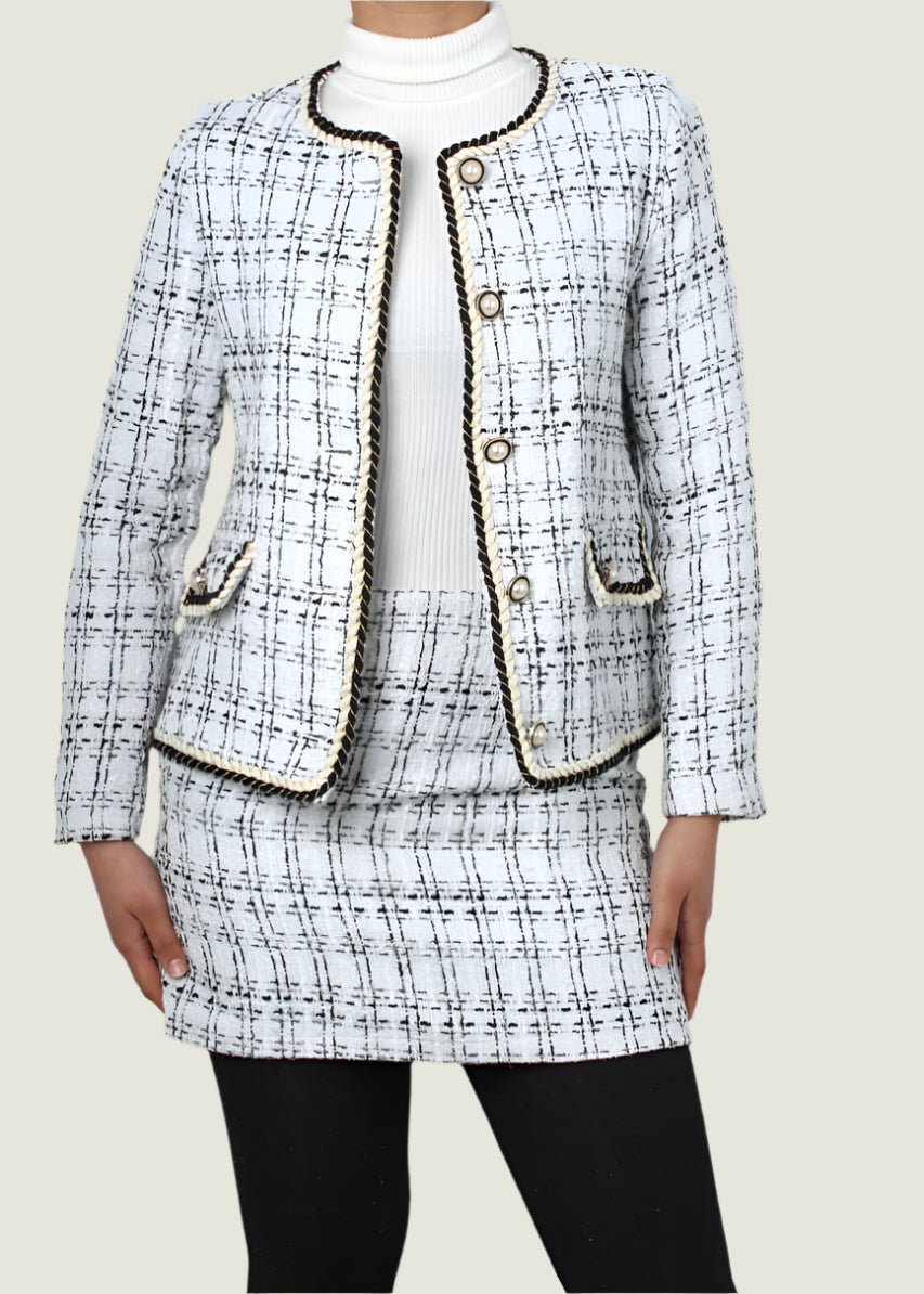 Elegant Pearl Trim Tweed Skirt Suit Set – 2-Piece Jacket and Skirt