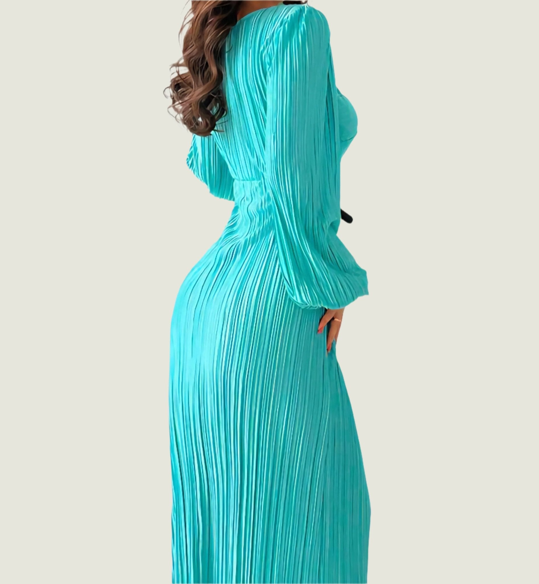 Elegant Turquoise Pleated Long Dress – Twist Front Bodycon