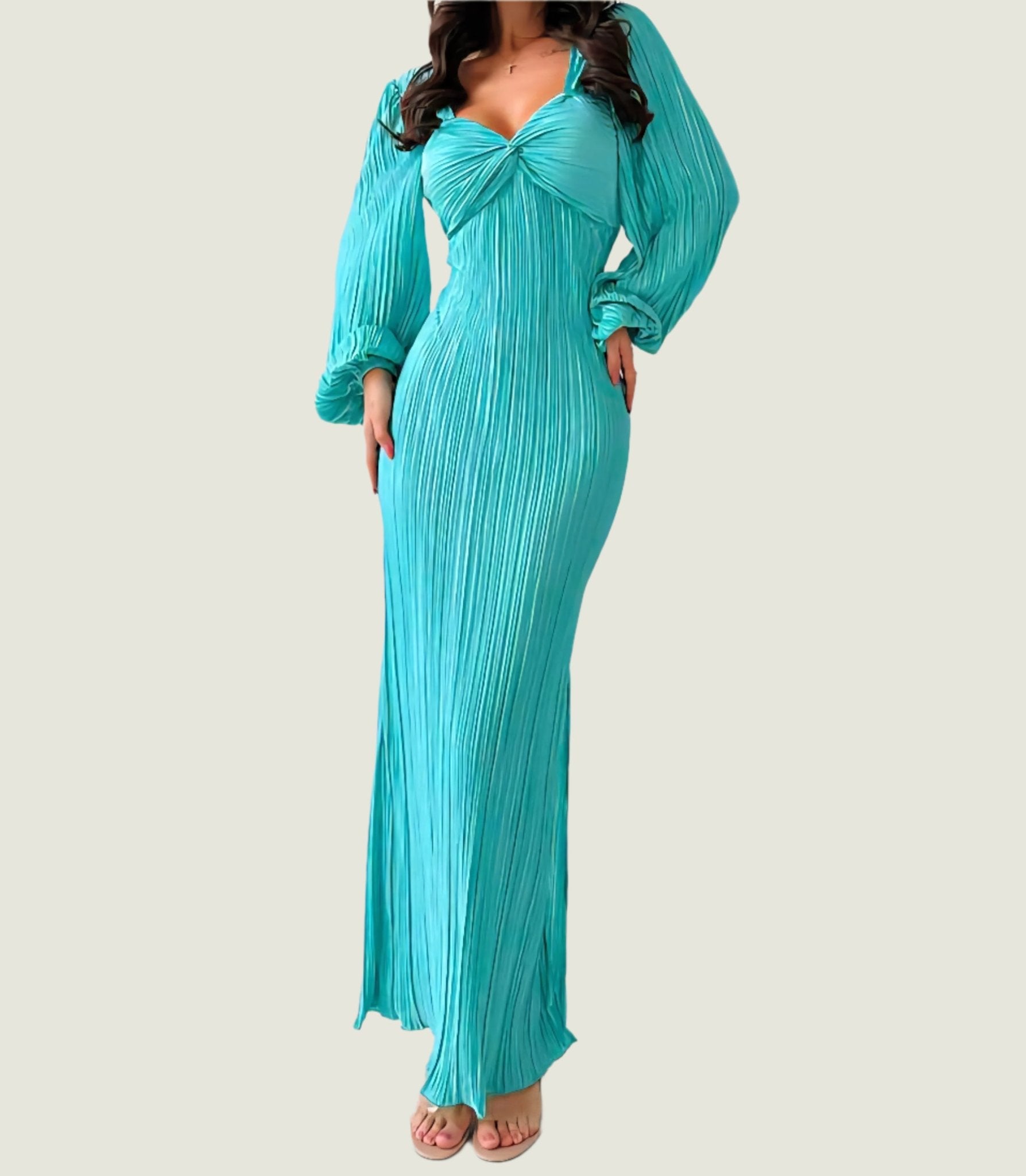 Elegant Turquoise Pleated Long Dress – Twist Front Bodycon