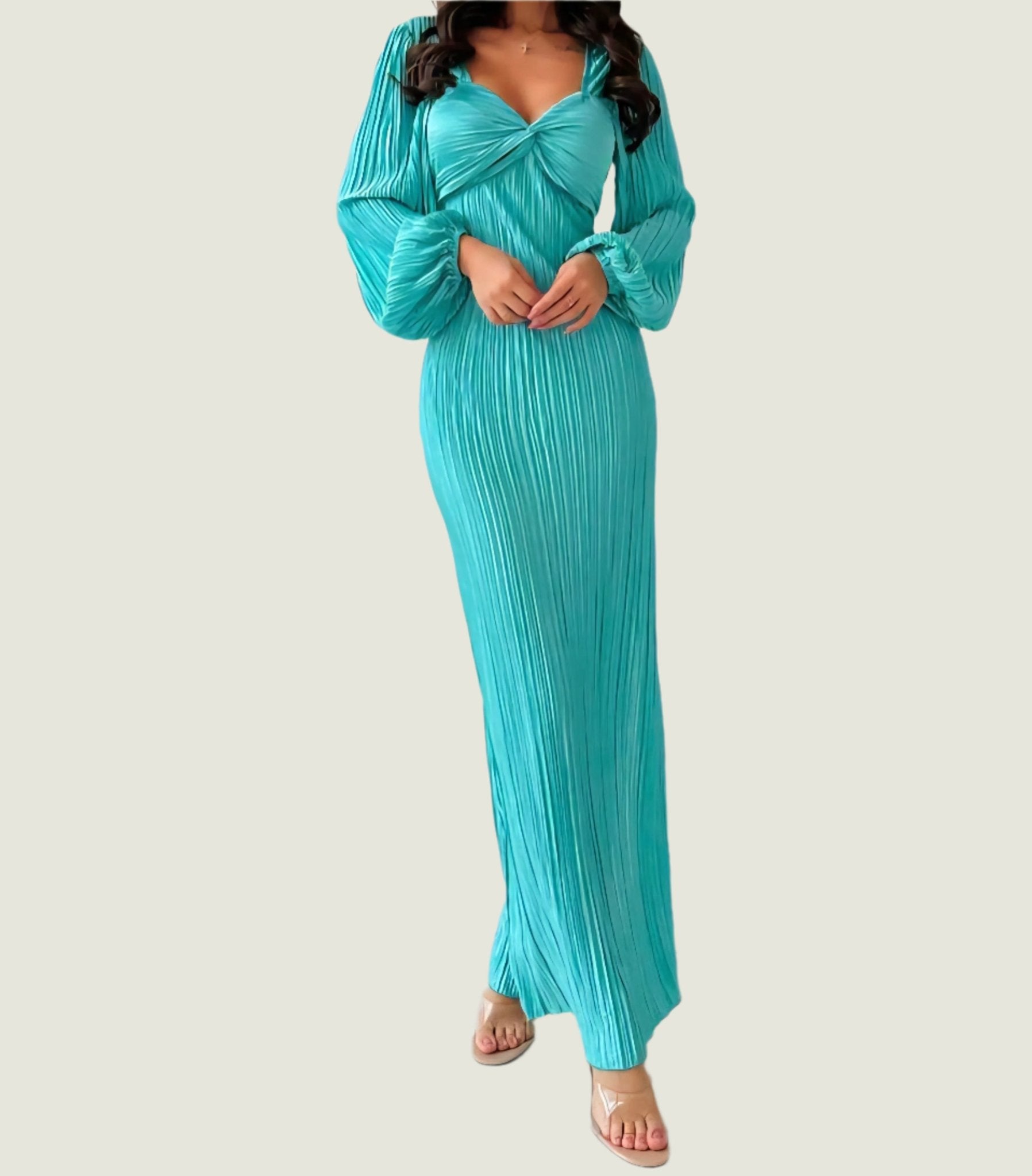 Elegant Turquoise Pleated Long Dress – Twist Front Bodycon