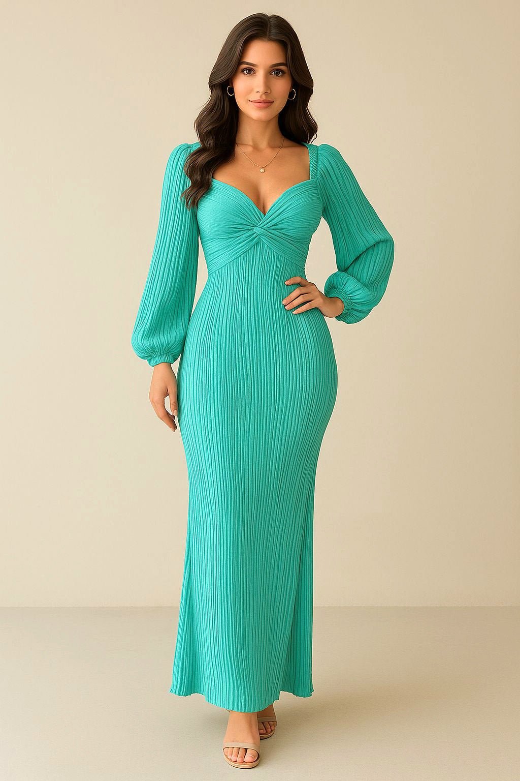 Elegant Turquoise Pleated Long Dress – Twist Front Bodycon