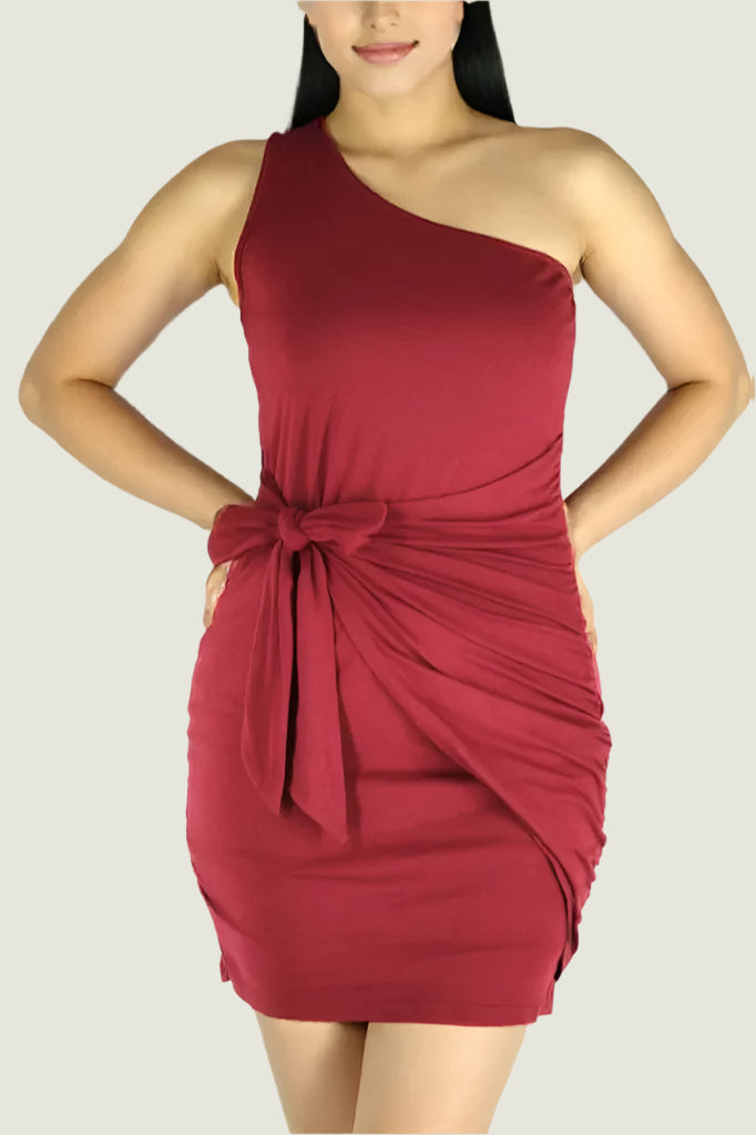 Elegant One-Shoulder Burgundy Draped Mini Dress – Chic & Sophisticated