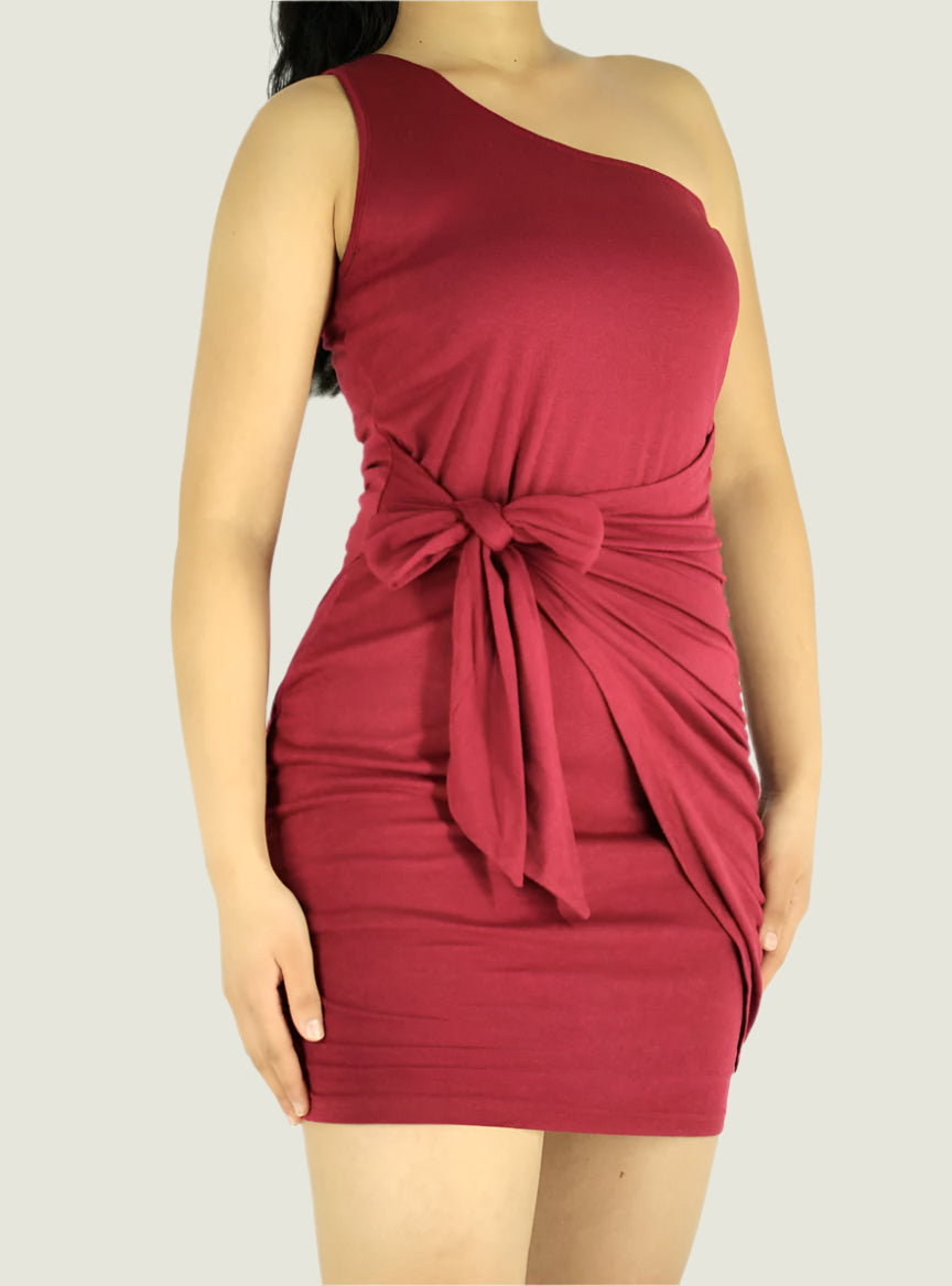 Elegant One-Shoulder Burgundy Draped Mini Dress – Chic & Sophisticated