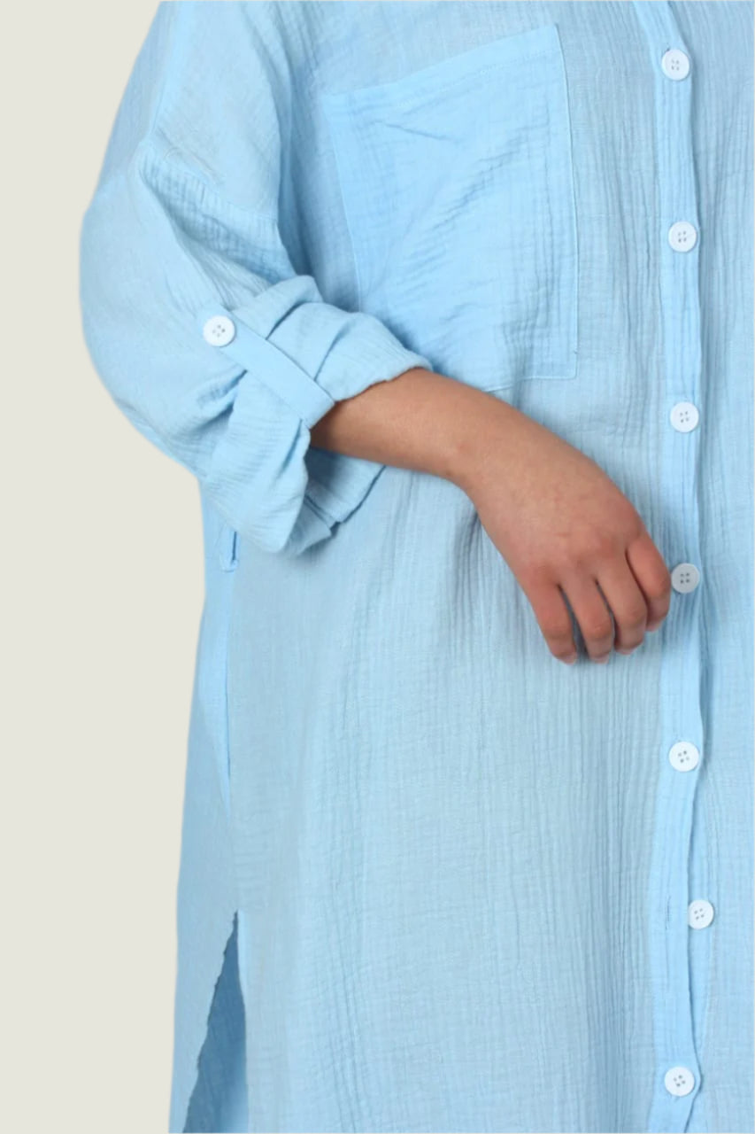 Rolled-Up Long Sleeve Maxi Button Up Shirt Dress