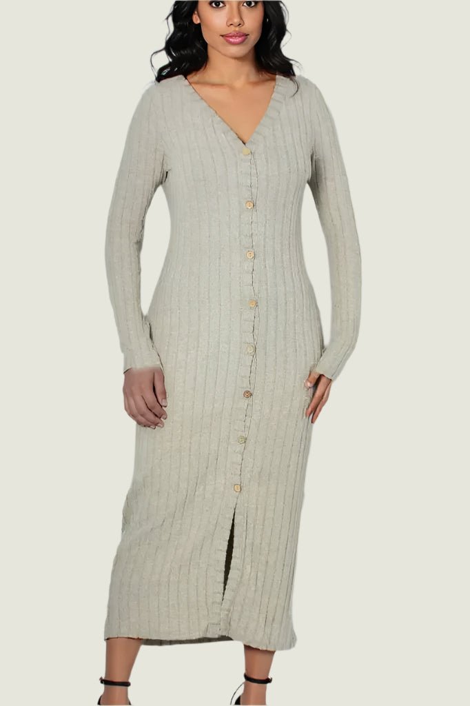 Ribbed Bodycon Button-Down Dress – Long Sleeve Knit Dress