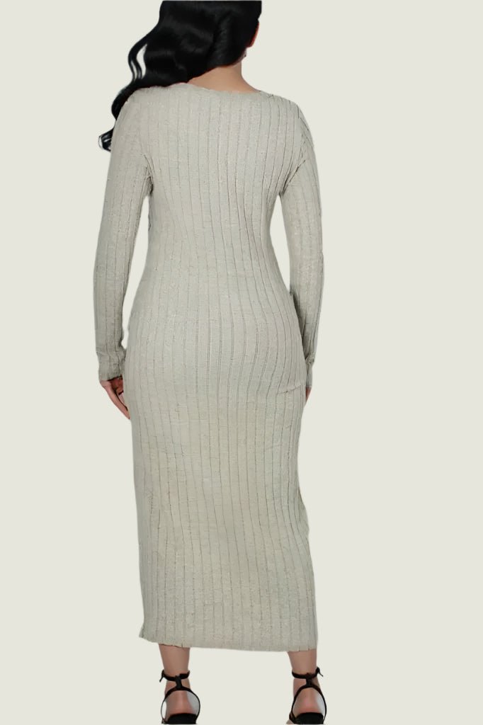 Ribbed Bodycon Button-Down Dress – Long Sleeve Knit Dress