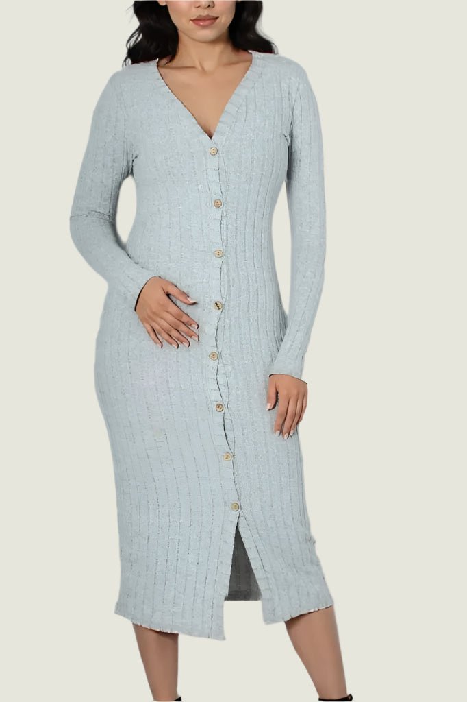 Ribbed Bodycon Button-Down Dress – Long Sleeve Knit Dress