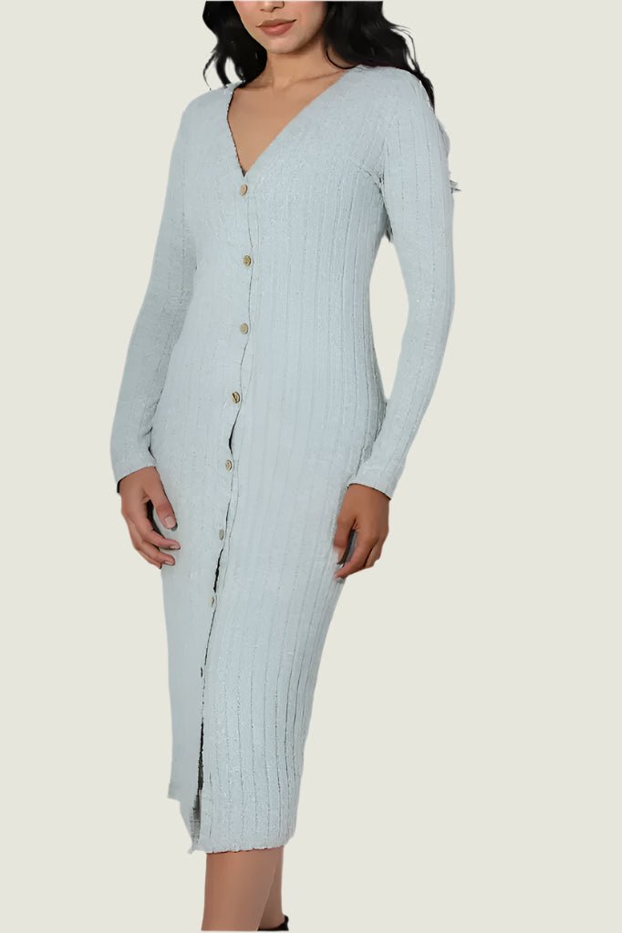Ribbed Bodycon Button-Down Dress – Long Sleeve Knit Dress