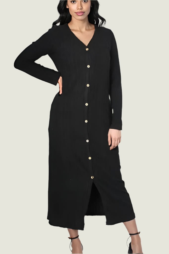 Ribbed Bodycon Button-Down Dress – Long Sleeve Knit Dress