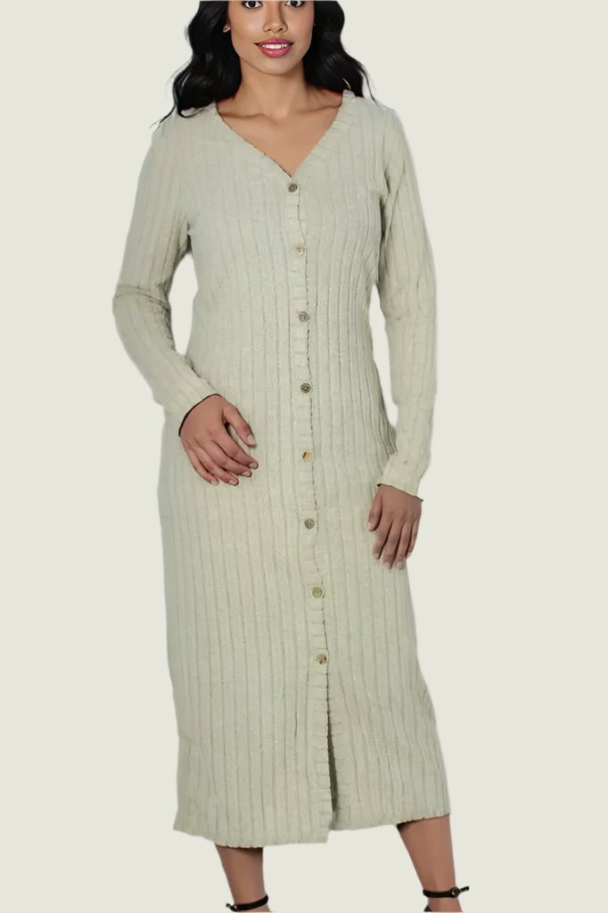 Ribbed Bodycon Button-Down Dress – Long Sleeve Knit Dress