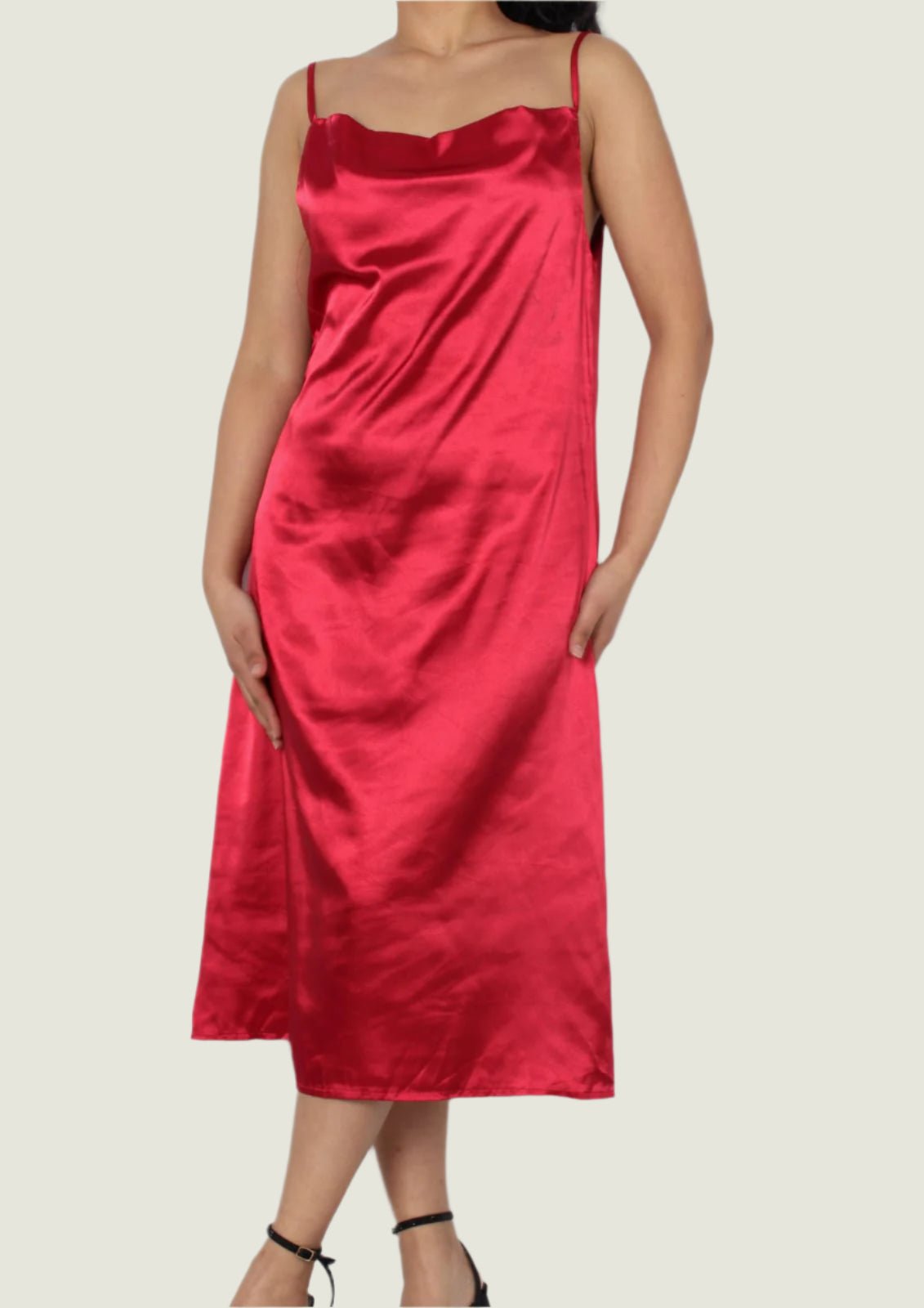 Cowl Neck Slip Midi Silky Dress With Adjustable Straps