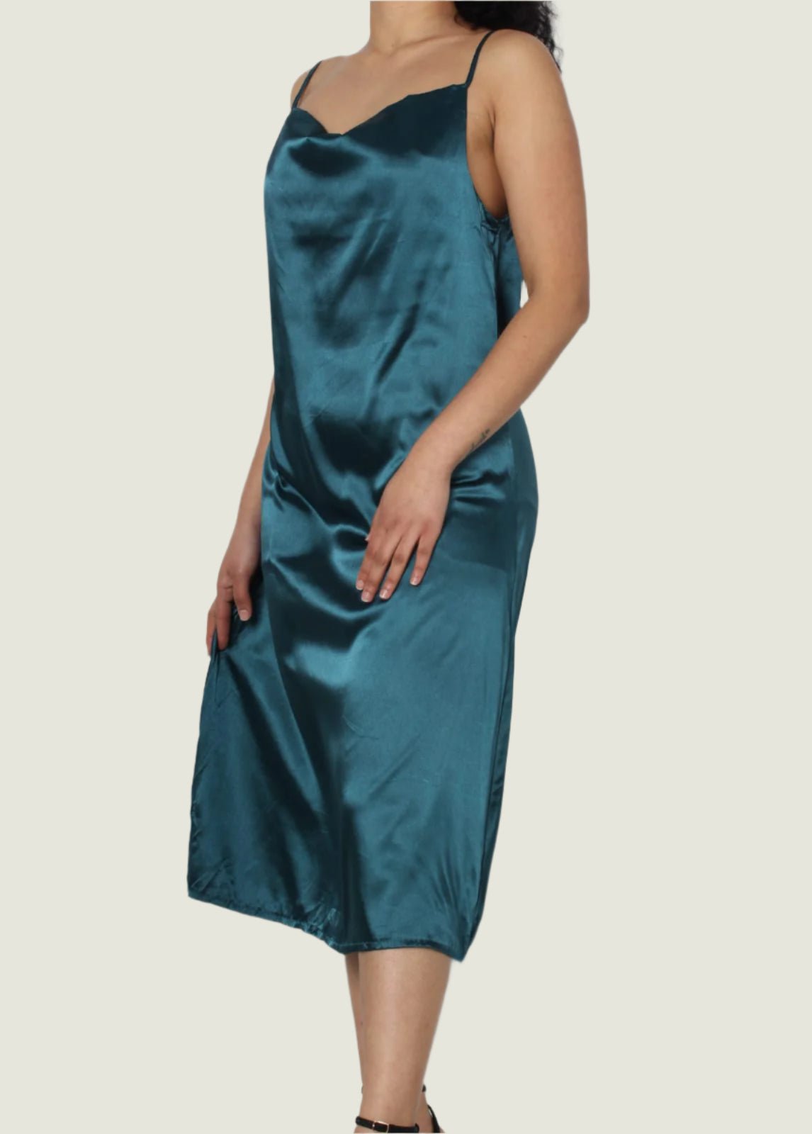 Cowl Neck Slip Midi Silky Dress With Adjustable Straps