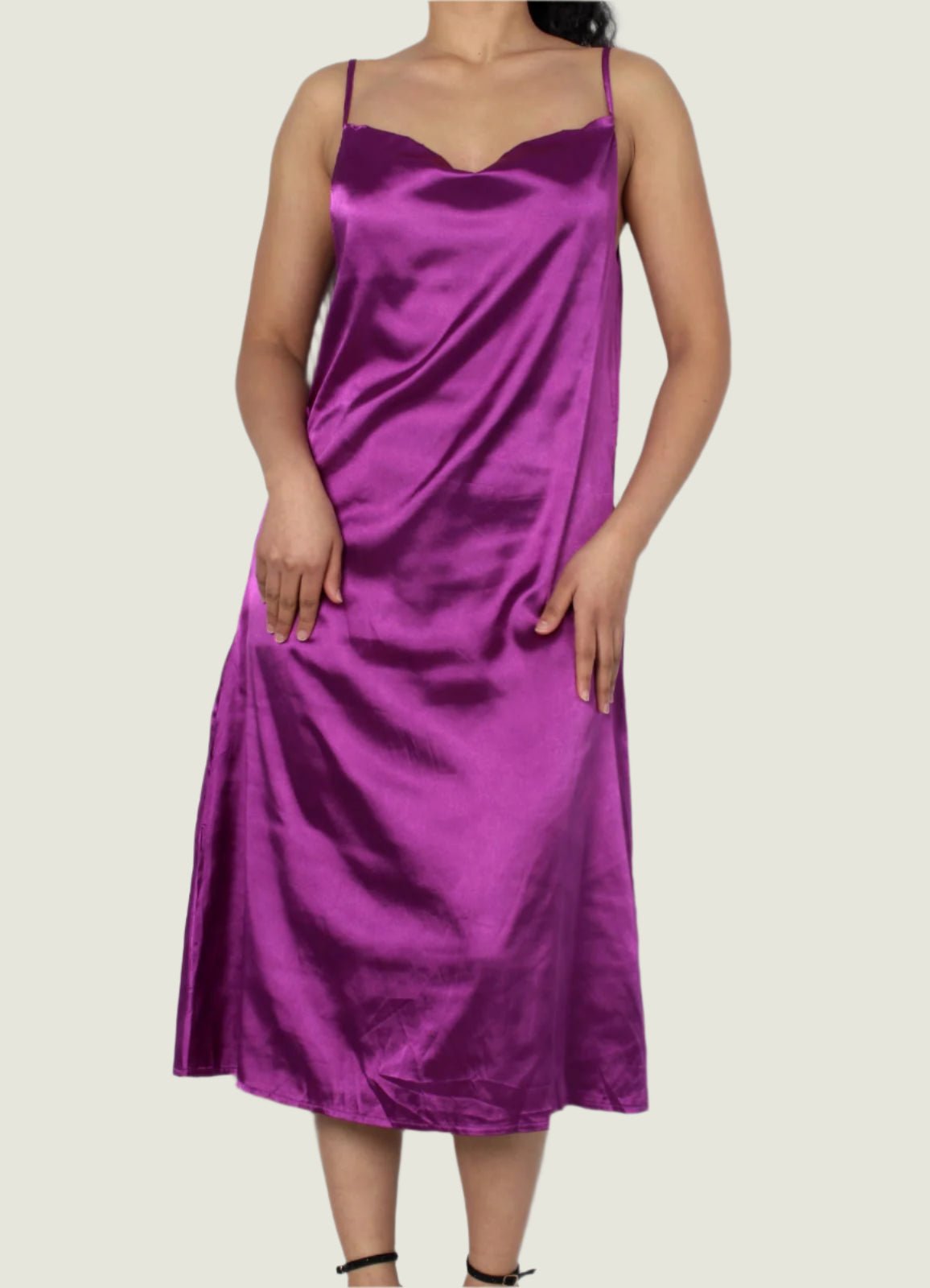 Cowl Neck Slip Midi Silky Dress With Adjustable Straps