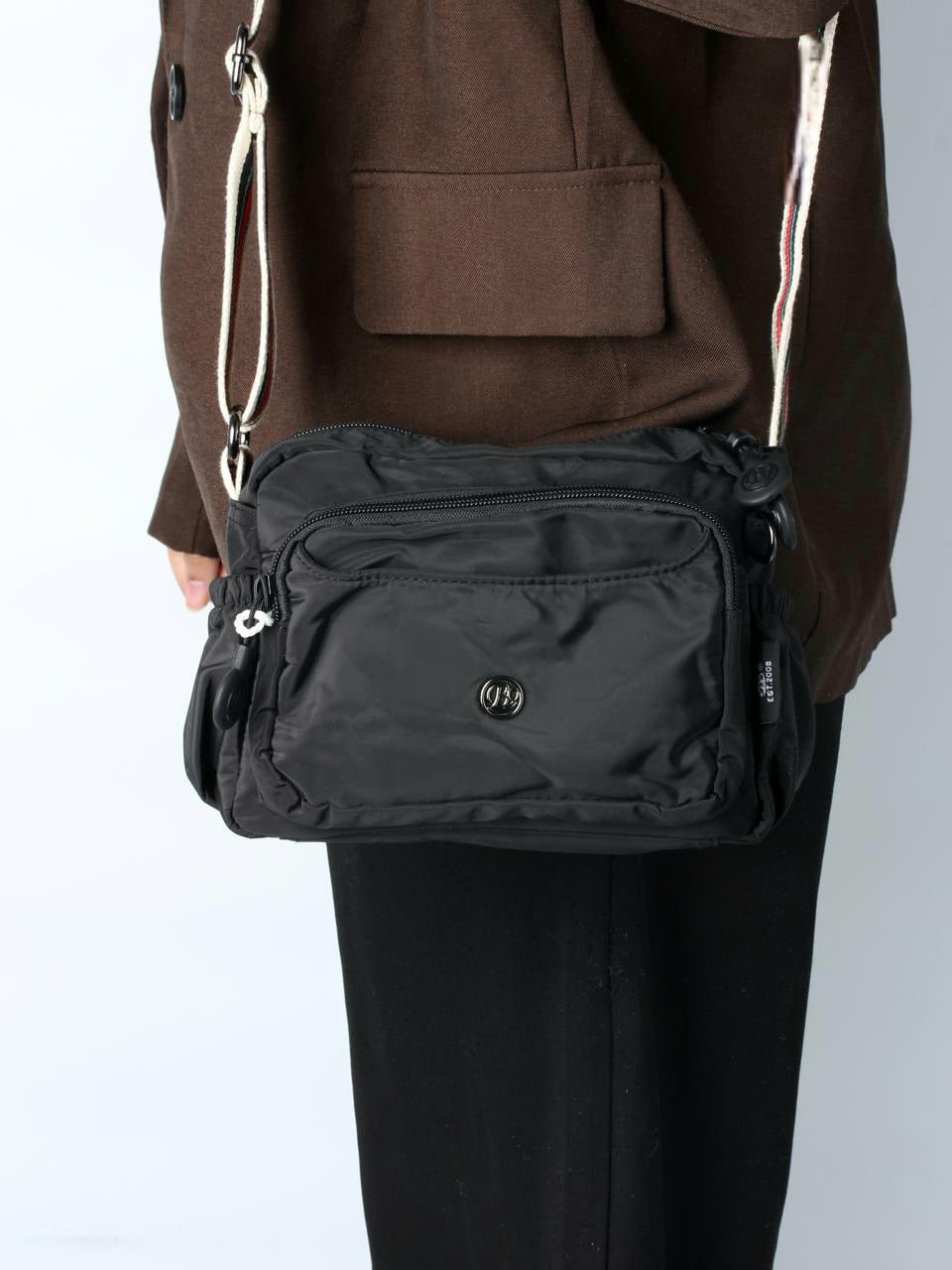 Multi-Pocket Nylon Crossbody Bag with Adjustable Wide Strap - 9608-4