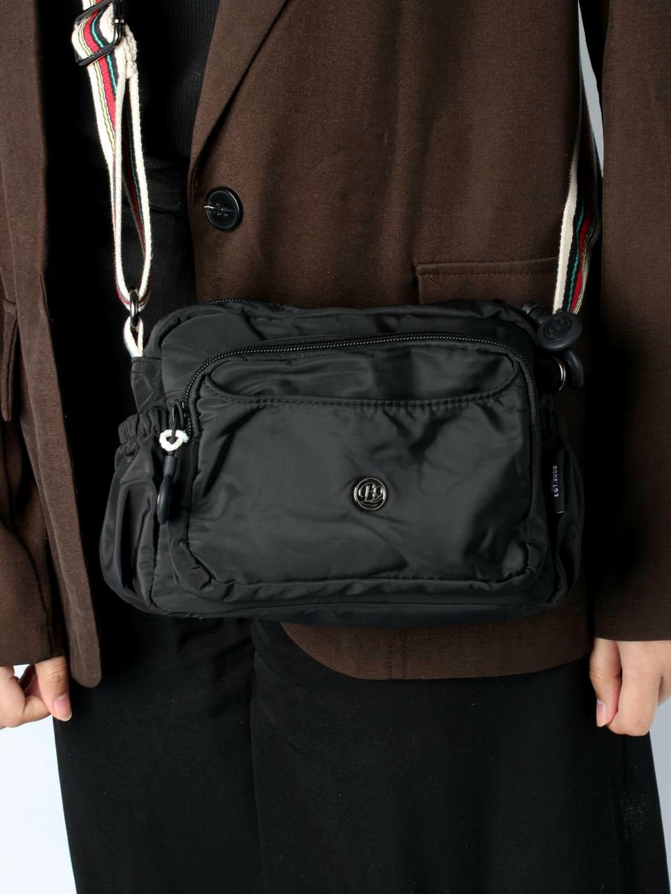 Multi-Pocket Nylon Crossbody Bag with Adjustable Wide Strap - 9608-4