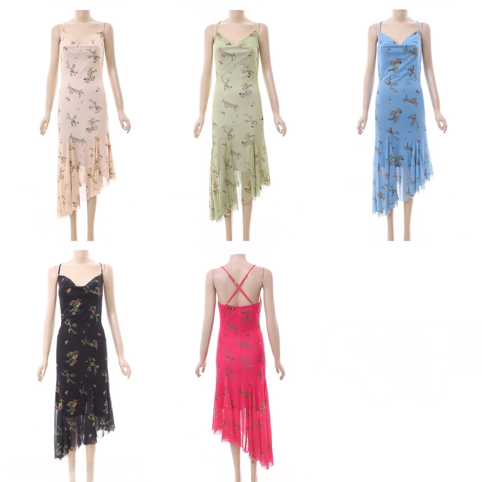 Floral Print Midi Dress with Spaghetti Straps and Flared Hem Detail