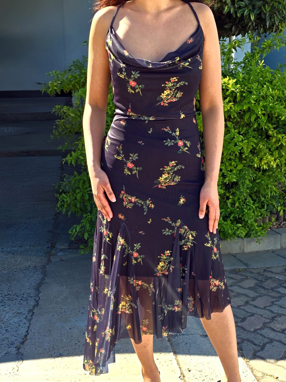 Floral Print Midi Dress with Spaghetti Straps and Flared Hem Detail