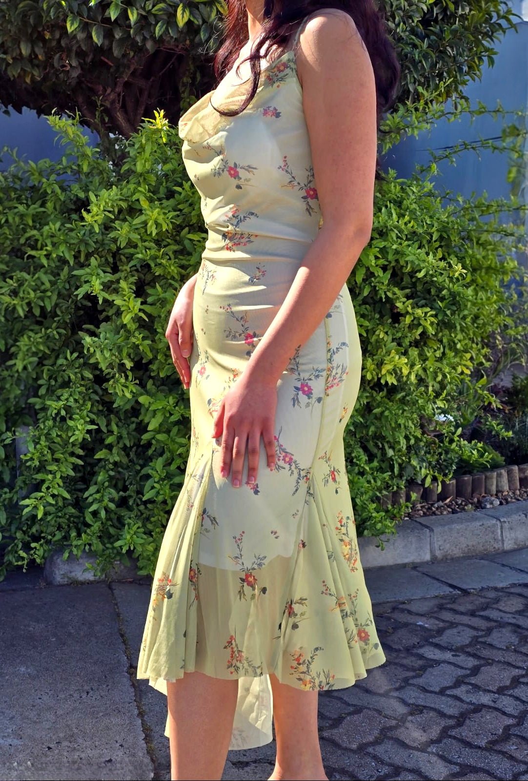 Floral Print Midi Dress with Spaghetti Straps and Flared Hem Detail