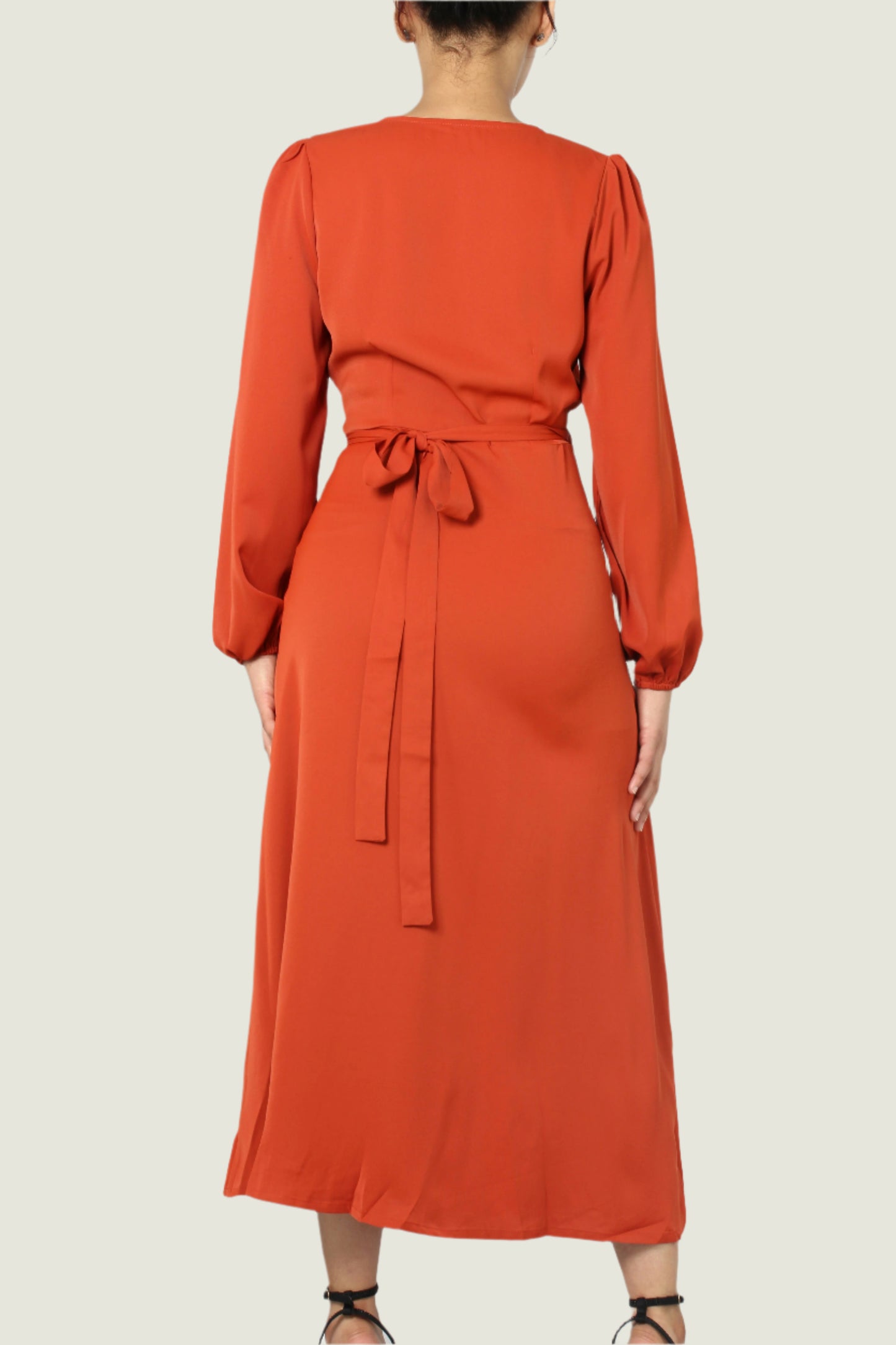 Elegant Rust Red Wrap Dress – Long Sleeve V-Neck with Waist Tie