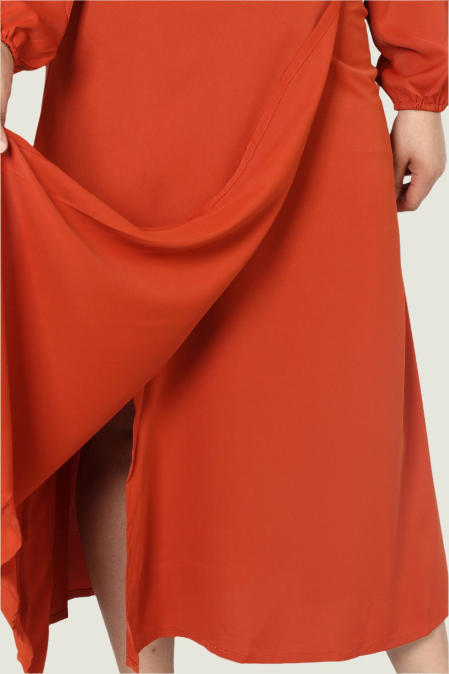 Elegant Rust Red Wrap Dress – Long Sleeve V-Neck with Waist Tie