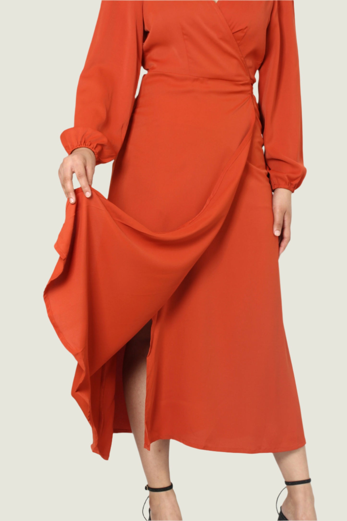 Elegant Rust Red Wrap Dress – Long Sleeve V-Neck with Waist Tie