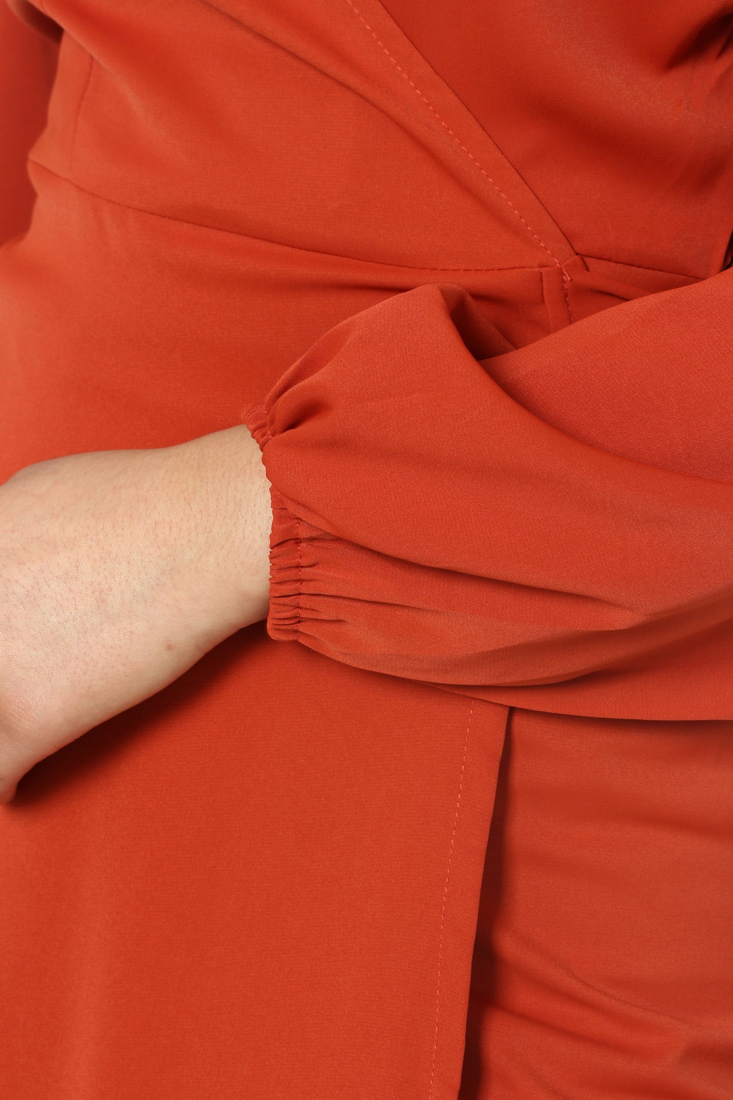 Elegant Rust Red Wrap Dress – Long Sleeve V-Neck with Waist Tie