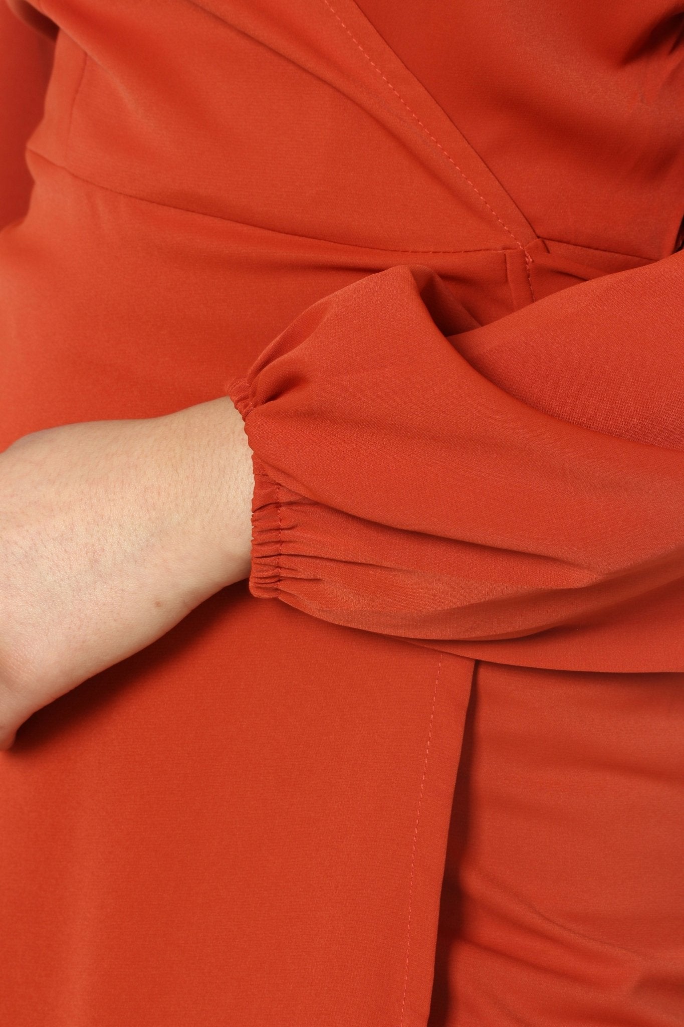 Elegant Rust Red Wrap Dress – Long Sleeve V-Neck with Waist Tie