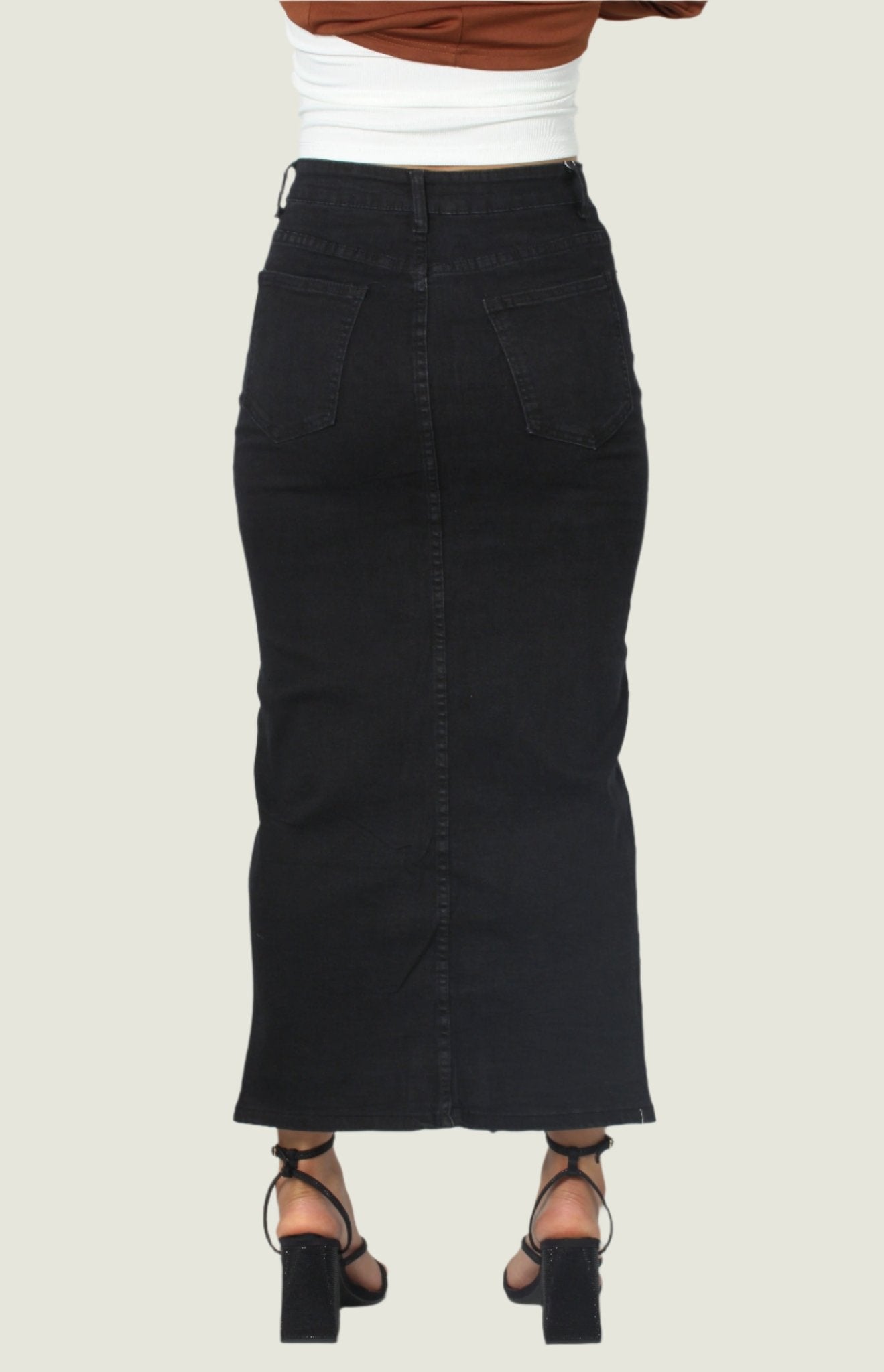 Black High-Waisted Denim Maxi Jean Skirt with Front Slit