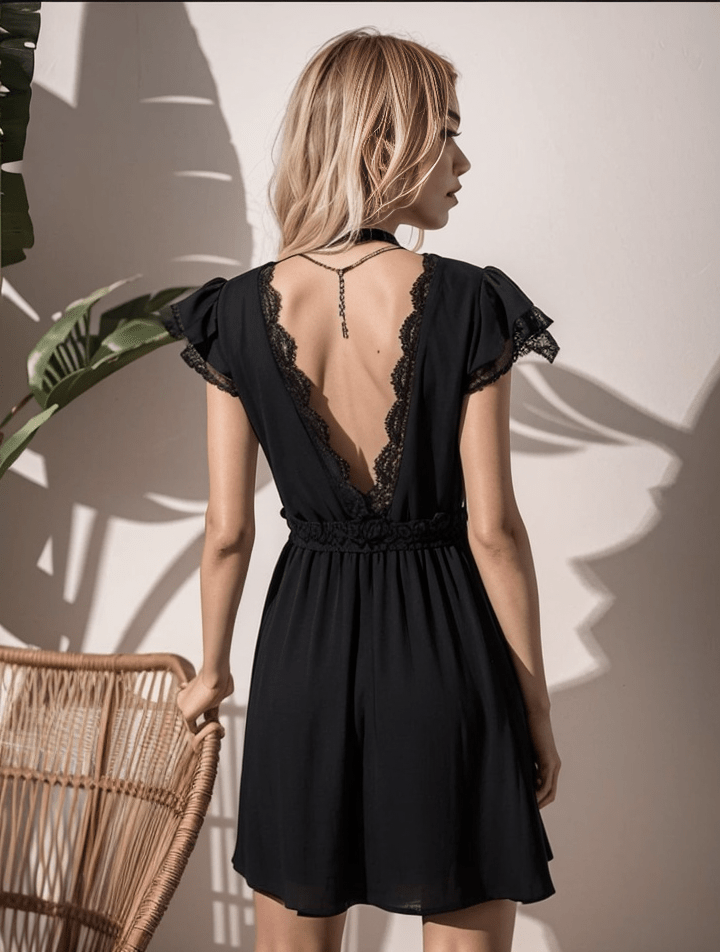Lace V Neck Backless Mini Dress XD21