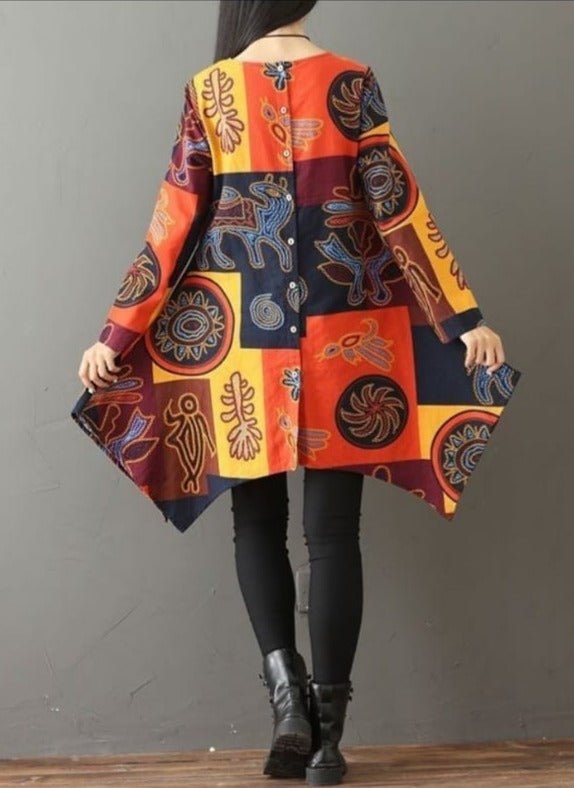 Long Sleeve Patterned Back Button Up Long Shirt Blouse XD21