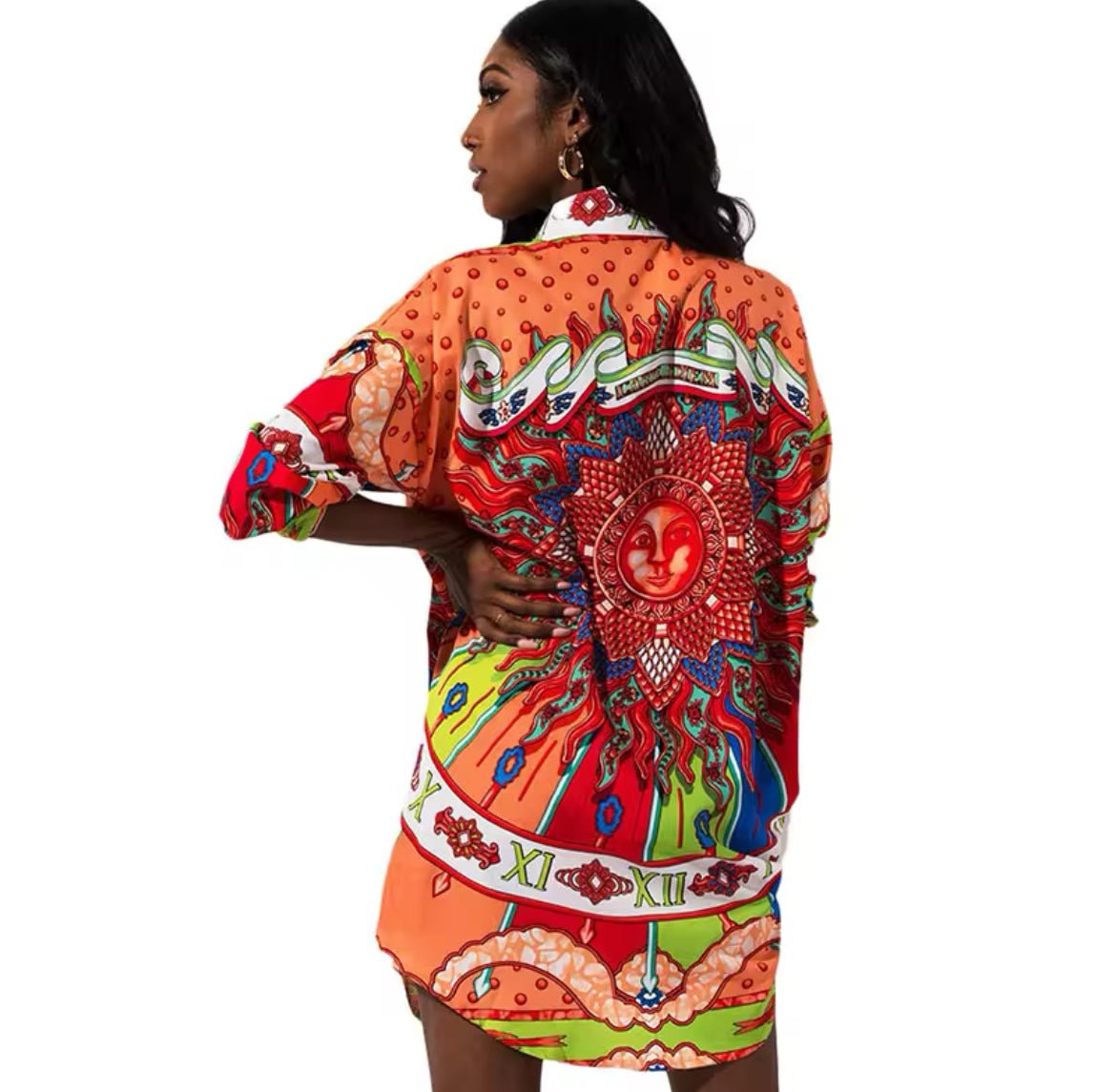 Long Sleeve Patterned High-Low Mini Shirt Dress XD21