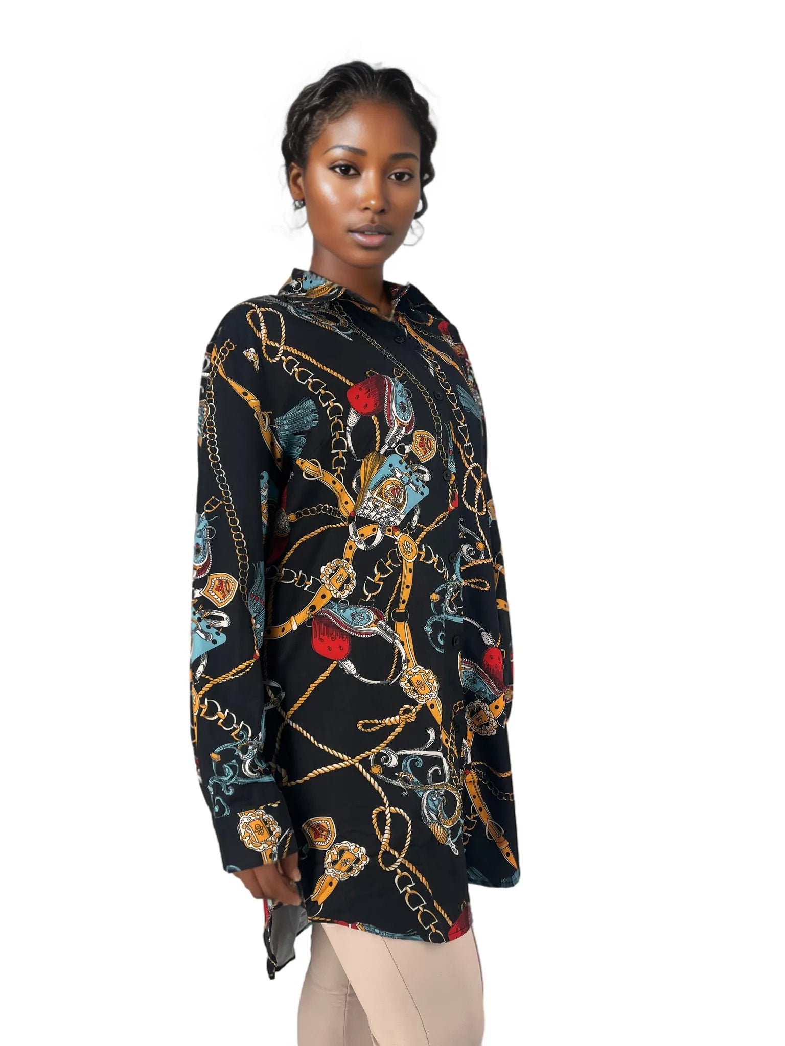 Long Sleeve Patterned High-Low Mini Shirt Dress XD21