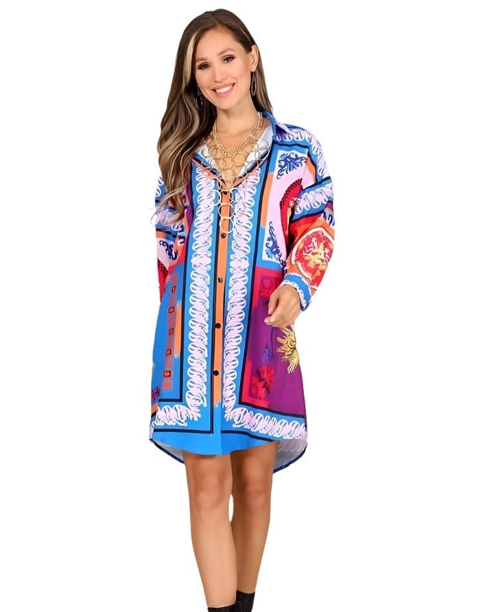 Long Sleeve Patterned High-Low Mini Shirt Dress XD21