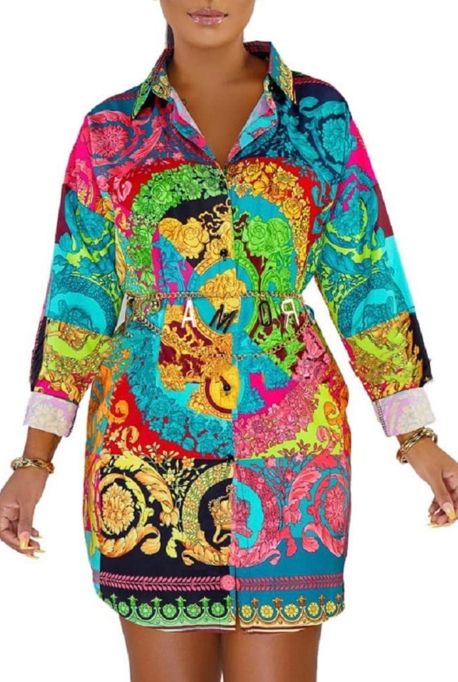 Long Sleeve Patterned High-Low Mini Shirt Dress XD21