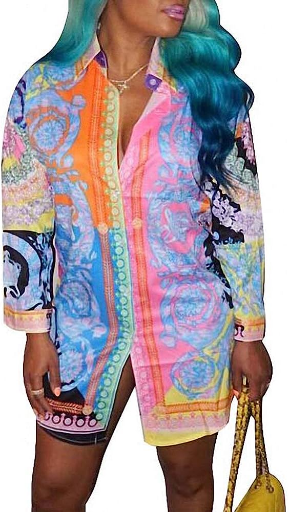 Long Sleeve Patterned High-Low Mini Shirt Dress XD21