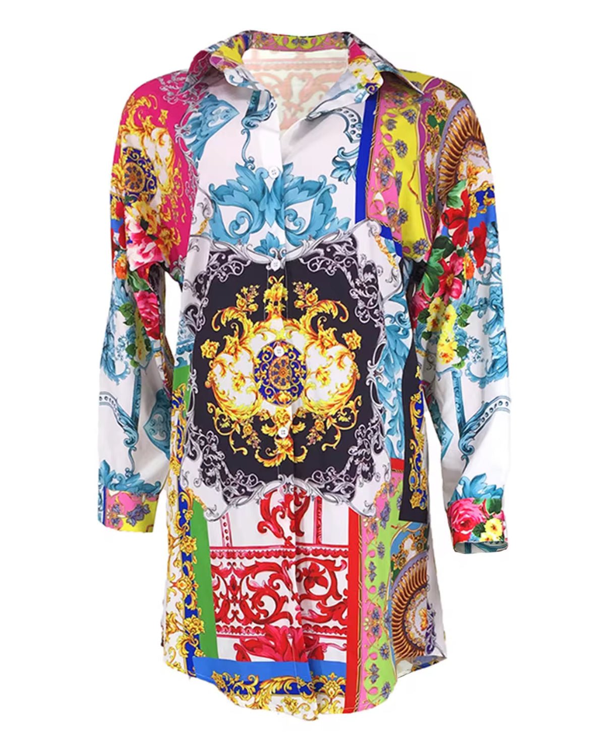 Long Sleeve Patterned High-Low Mini Shirt Dress XD21