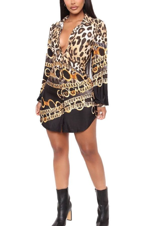 Long Sleeve Patterned High-Low Mini Shirt Dress XD21