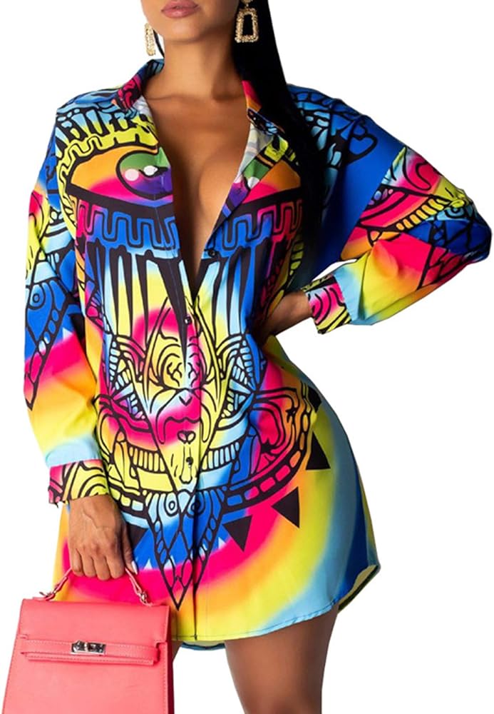 Long Sleeve Patterned High-Low Mini Shirt Dress XD21