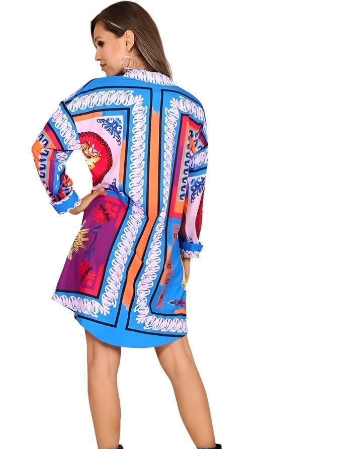 Long Sleeve Patterned High-Low Mini Shirt Dress XD21