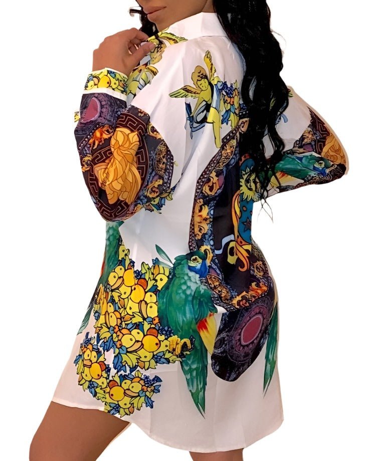 Long Sleeve Patterned High-Low Mini Shirt Dress XD21