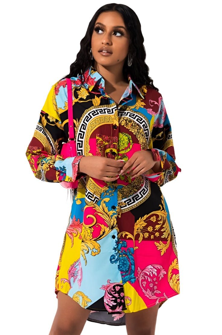 Long Sleeve Patterned High-Low Mini Shirt Dress XD21