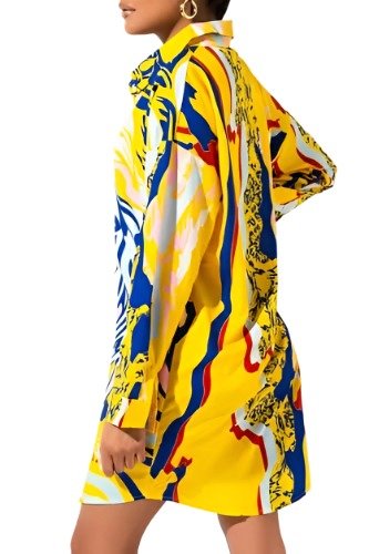 Long Sleeve Patterned High-Low Mini Shirt Dress XD21