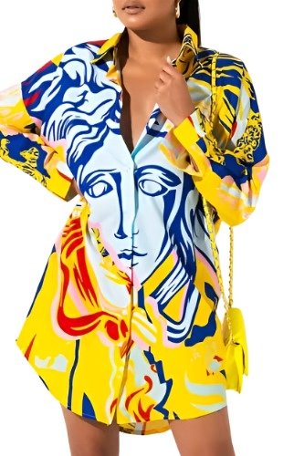 Long Sleeve Patterned High-Low Mini Shirt Dress XD21