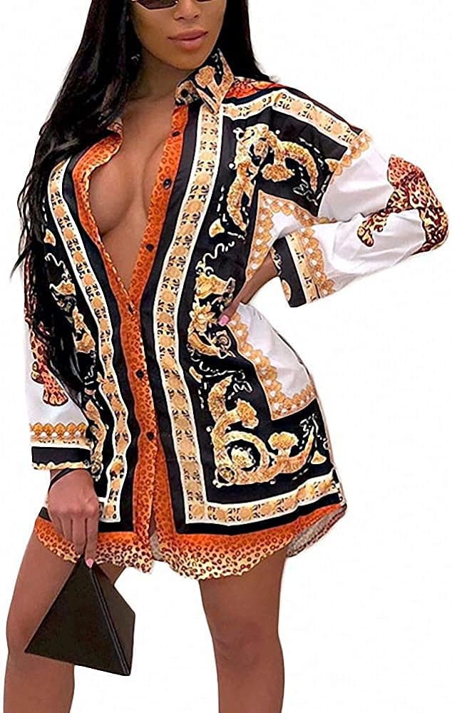 Long Sleeve Patterned High-Low Mini Shirt Dress XD21