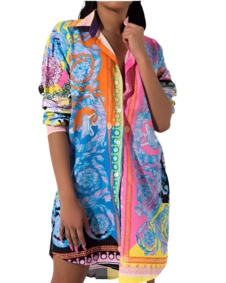 Long Sleeve Patterned High-Low Mini Shirt Dress XD21