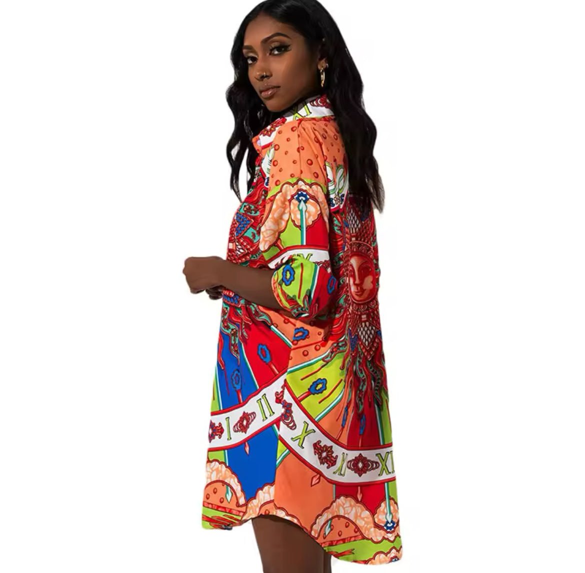 Long Sleeve Patterned High-Low Mini Shirt Dress XD21