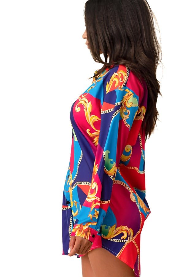 Long Sleeve Patterned High-Low Mini Shirt Dress XD21