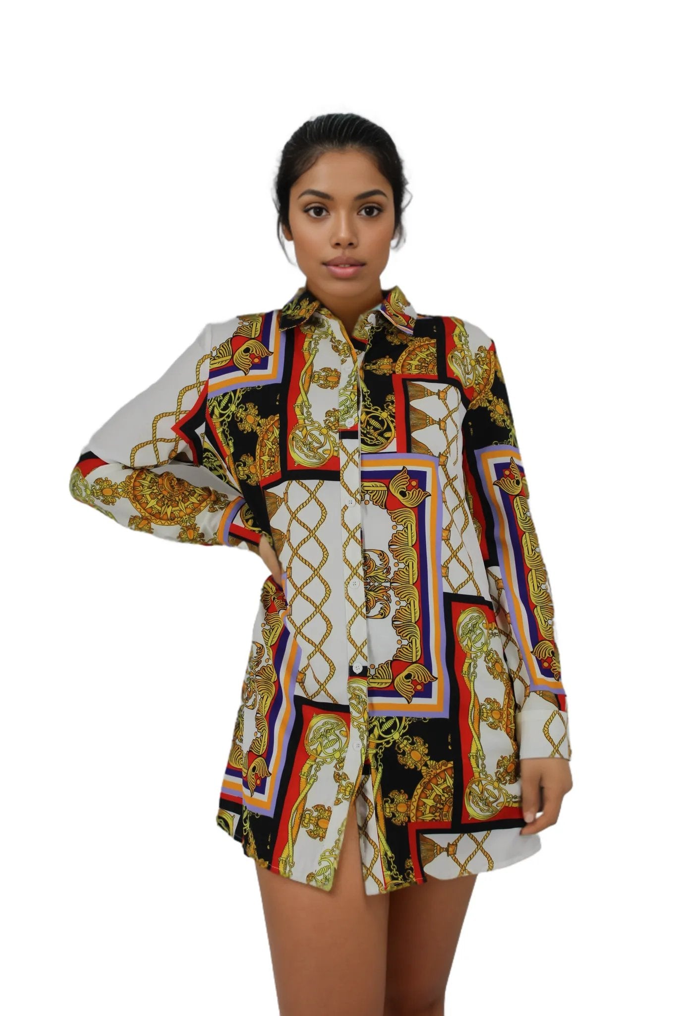 Long Sleeve Patterned High-Low Mini Shirt Dress XD21